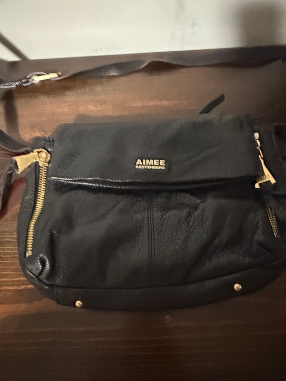 Aimee Kestenberg Black Leather Flap Crossbody with Gold Hardware